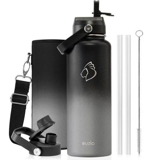 Buzio Duet Series Water Bottle with 2 Lids and Sleeve 1.2L - Shadow